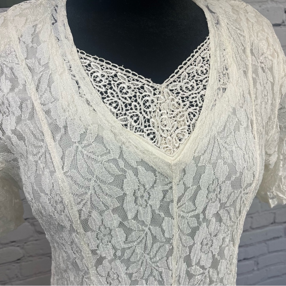 Vintage Starina Short Sleeve Lace Overlay Full Length Dress Ivory Sz L
